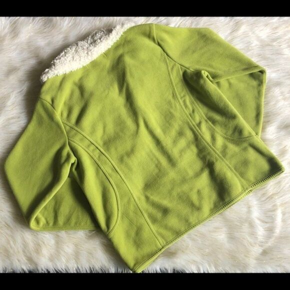 Upcycled Faux Fur Collar Zip Front Lime Green Fleece Sweater Jacket XL - Picture 12 of 13